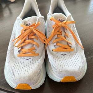 Hoka Clifton size 10 White with Orange/Purple Accents Running Shoes